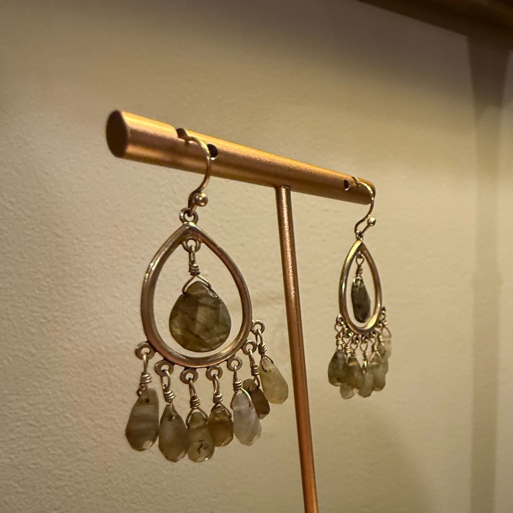 Vintage Antique Gold and Gray/Green Chandelier Teardrop Earrings - Picture 3 of 7